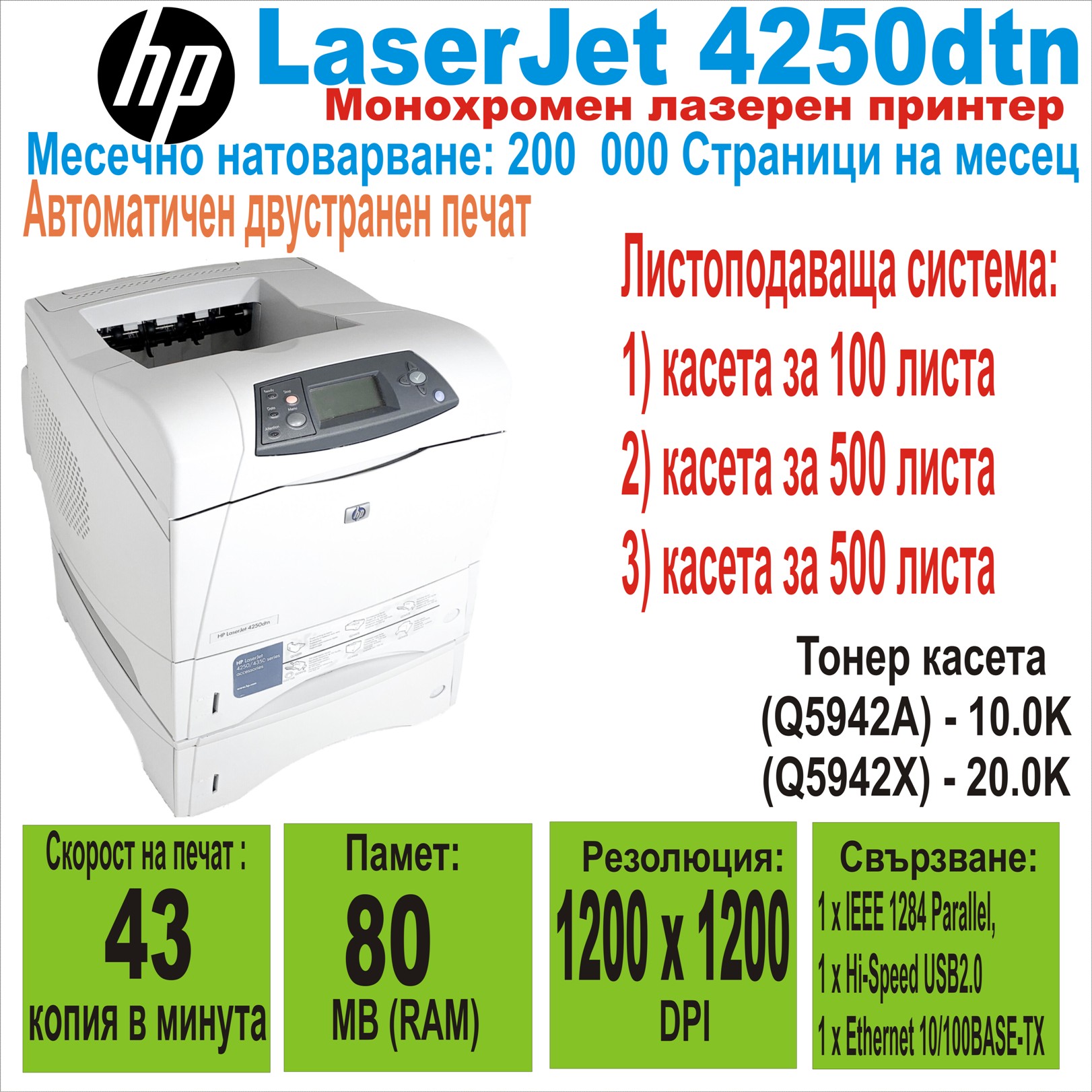 Лазерен принтер HP LaserJet 4250dtn