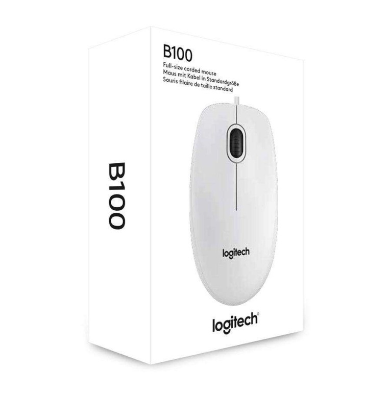 Оптична мишка Logitech B100, USB, Бяла