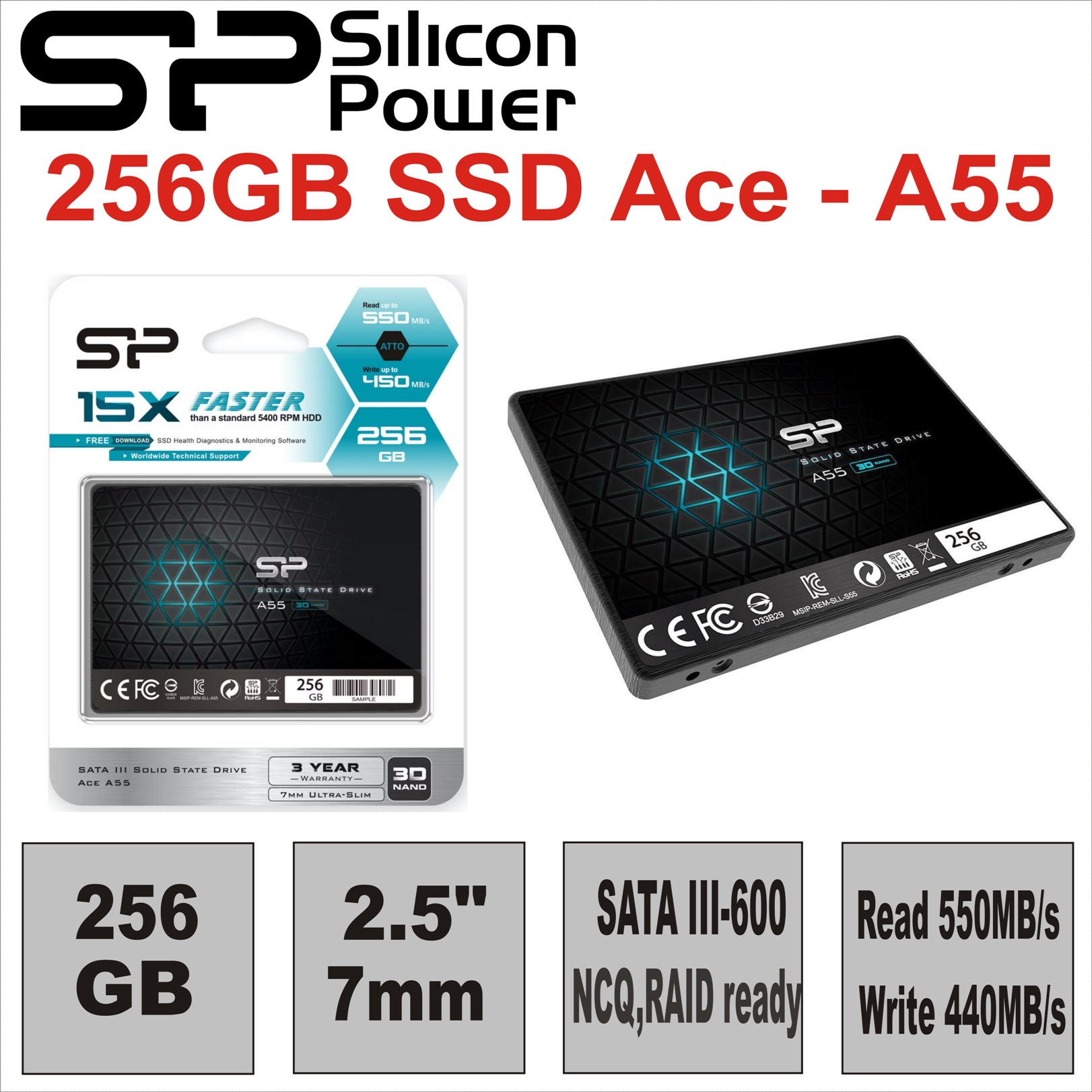 2.5”  256GB SSD Silicon Power Ace - A55