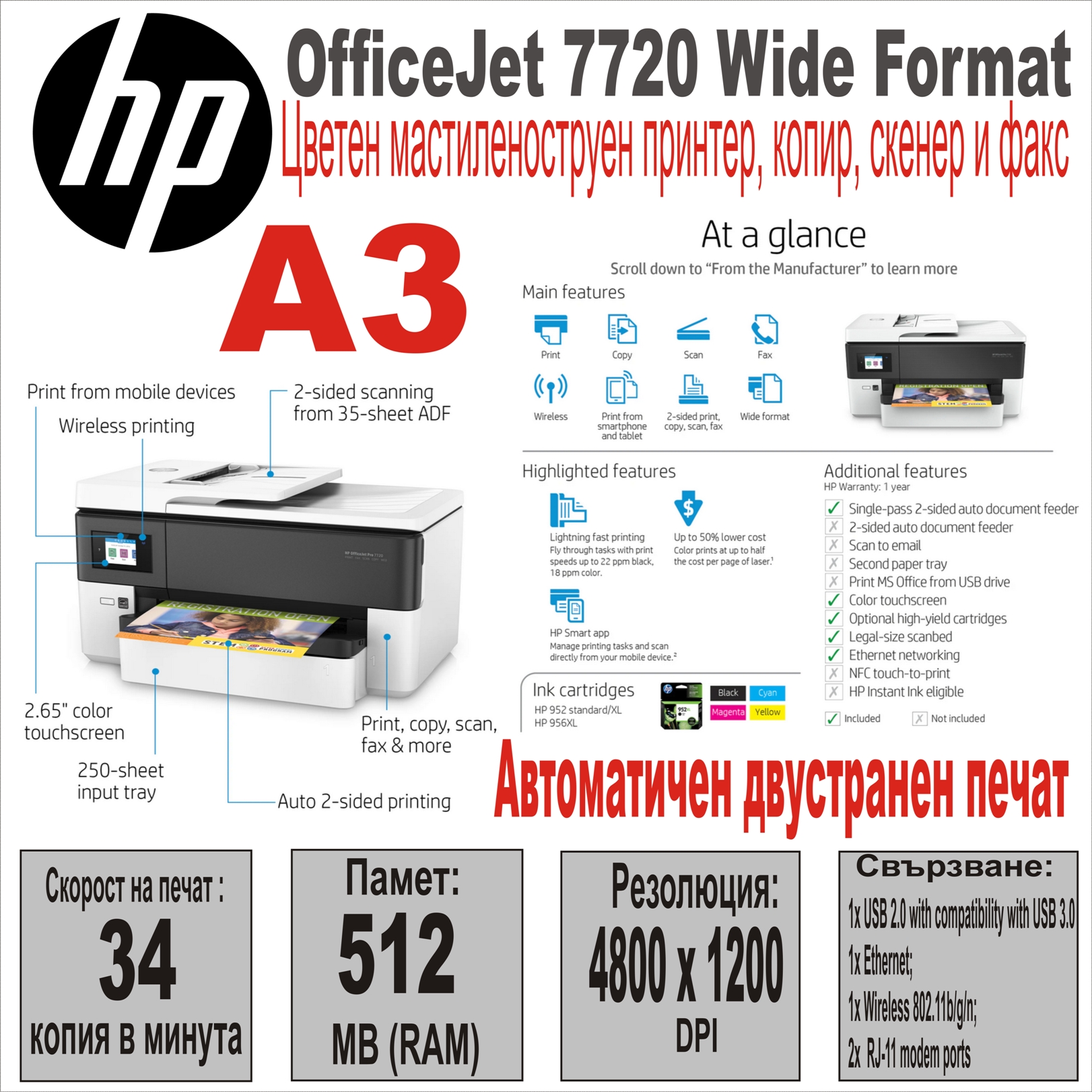 All-in-One Printer HP OfficeJet 7720 Wide A3