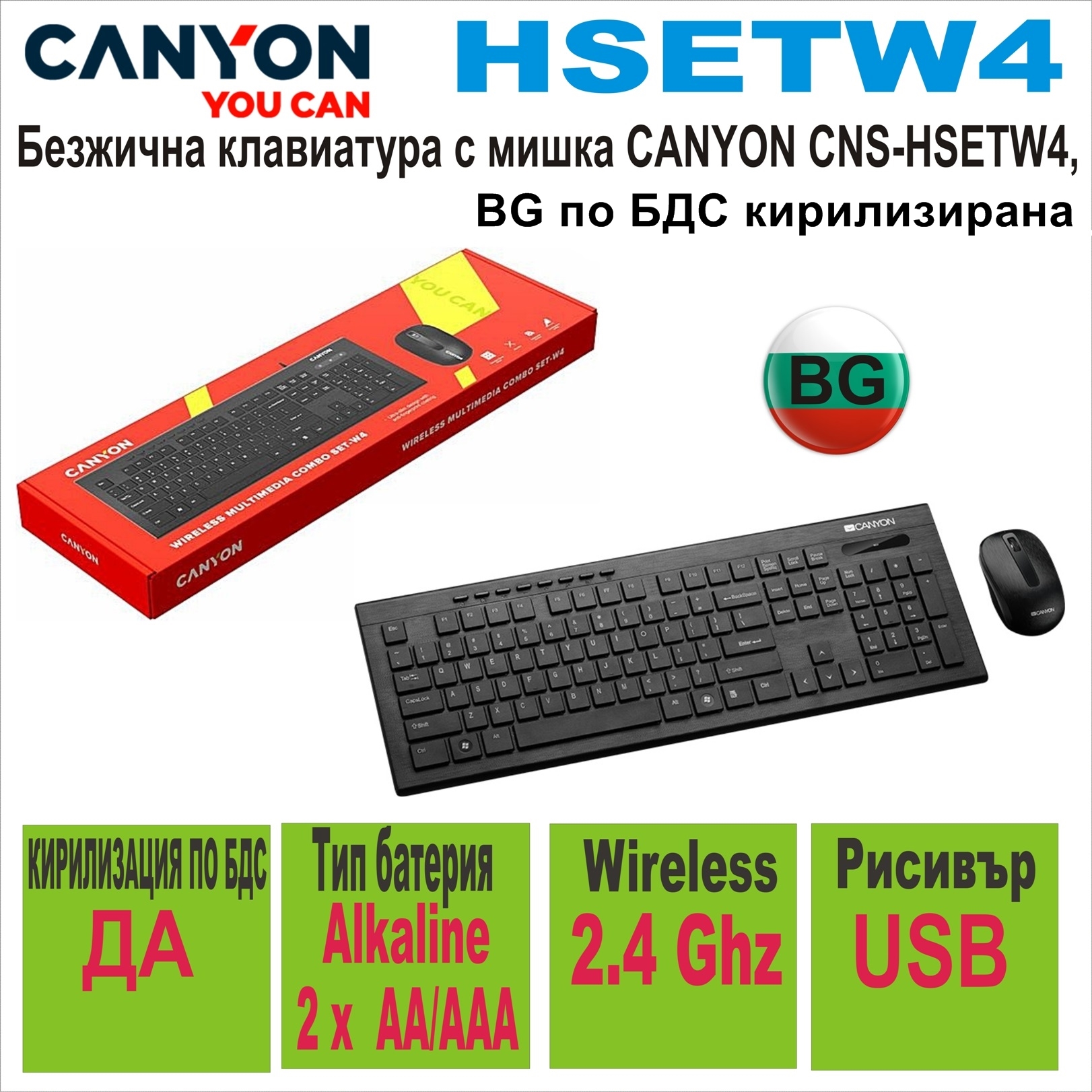 Безжична клавиатура с мишка CANYON CNS-HSETW4,BG