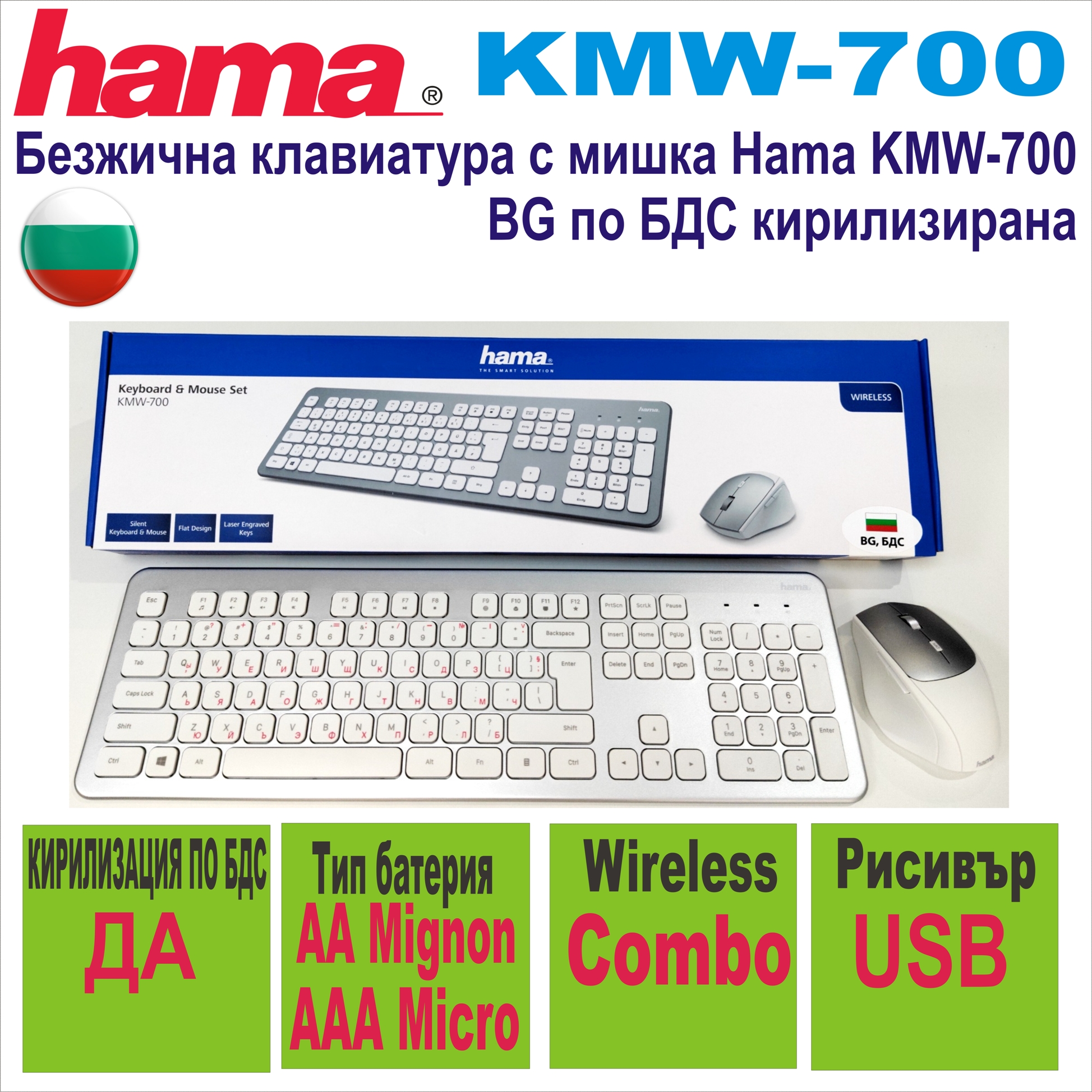 Безжична клавиатура с мишка Hama KMW-700,BG