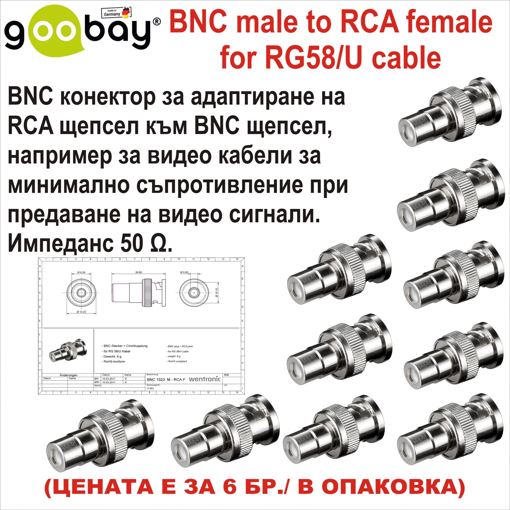 BNC male to RCA female