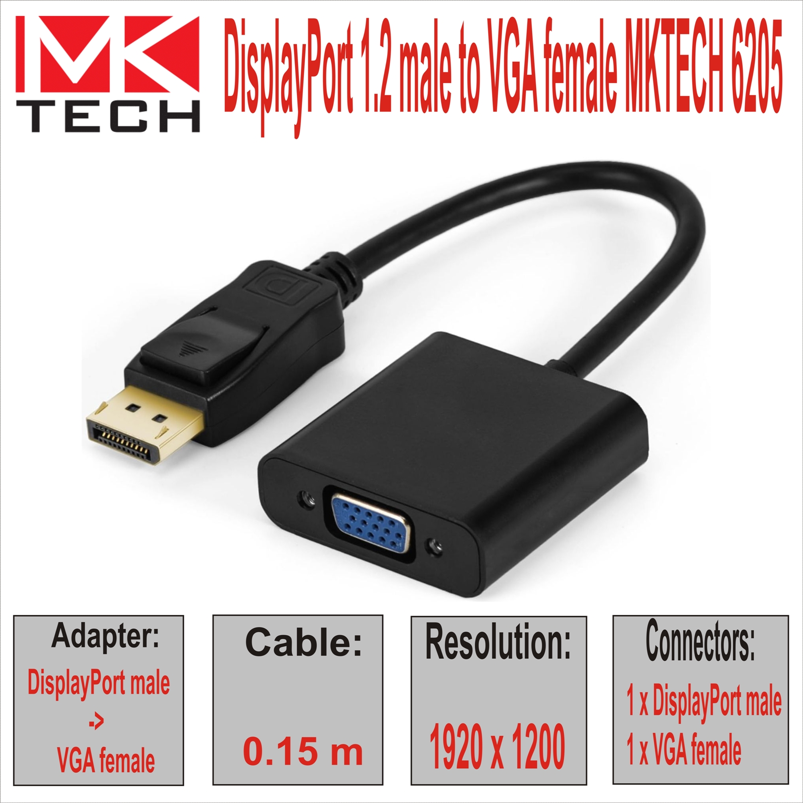 DisplayPort 1.2 male to VGA female MKTECH 6205