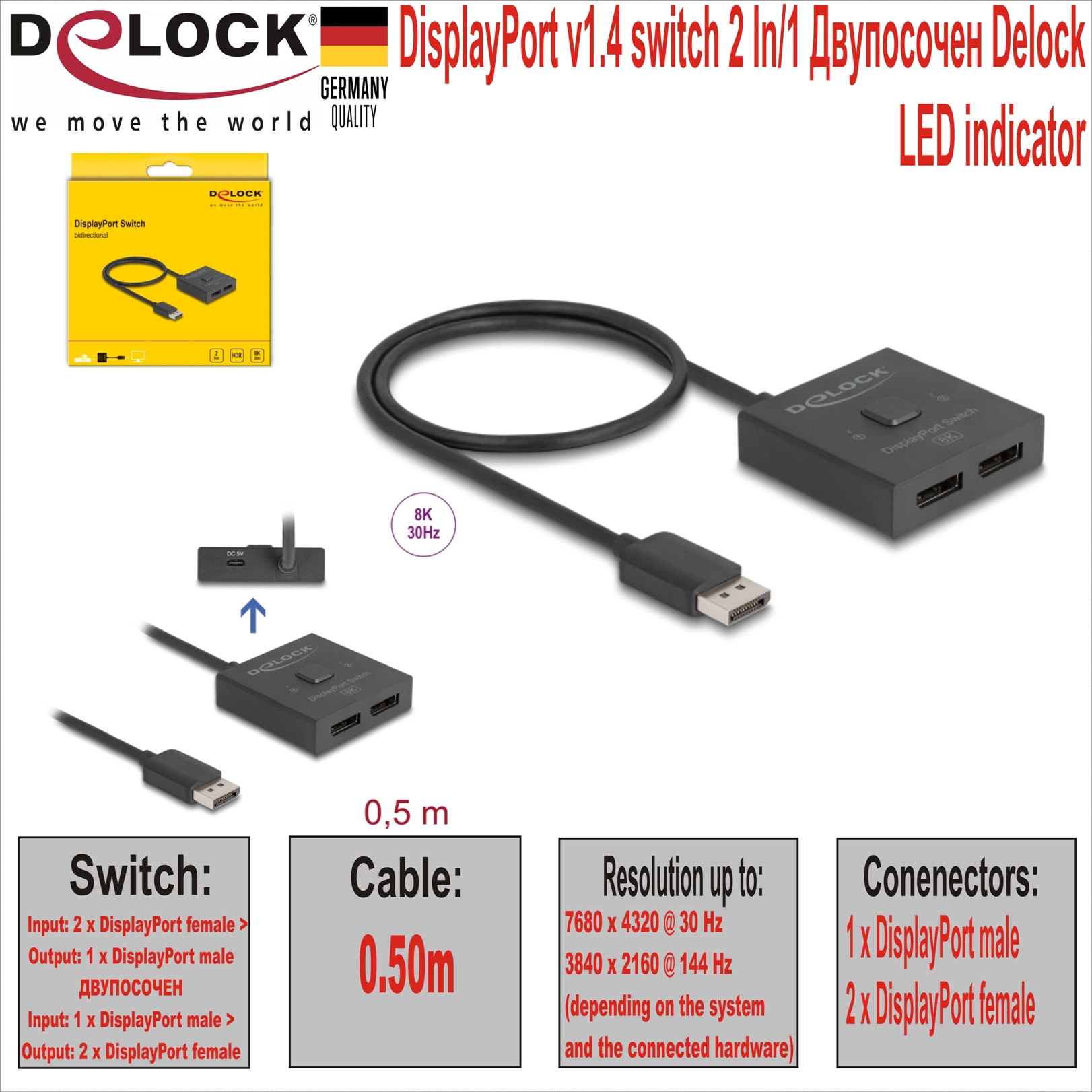 DisplayPort v1.4 switch 2 In/1 Двупосочен Delock