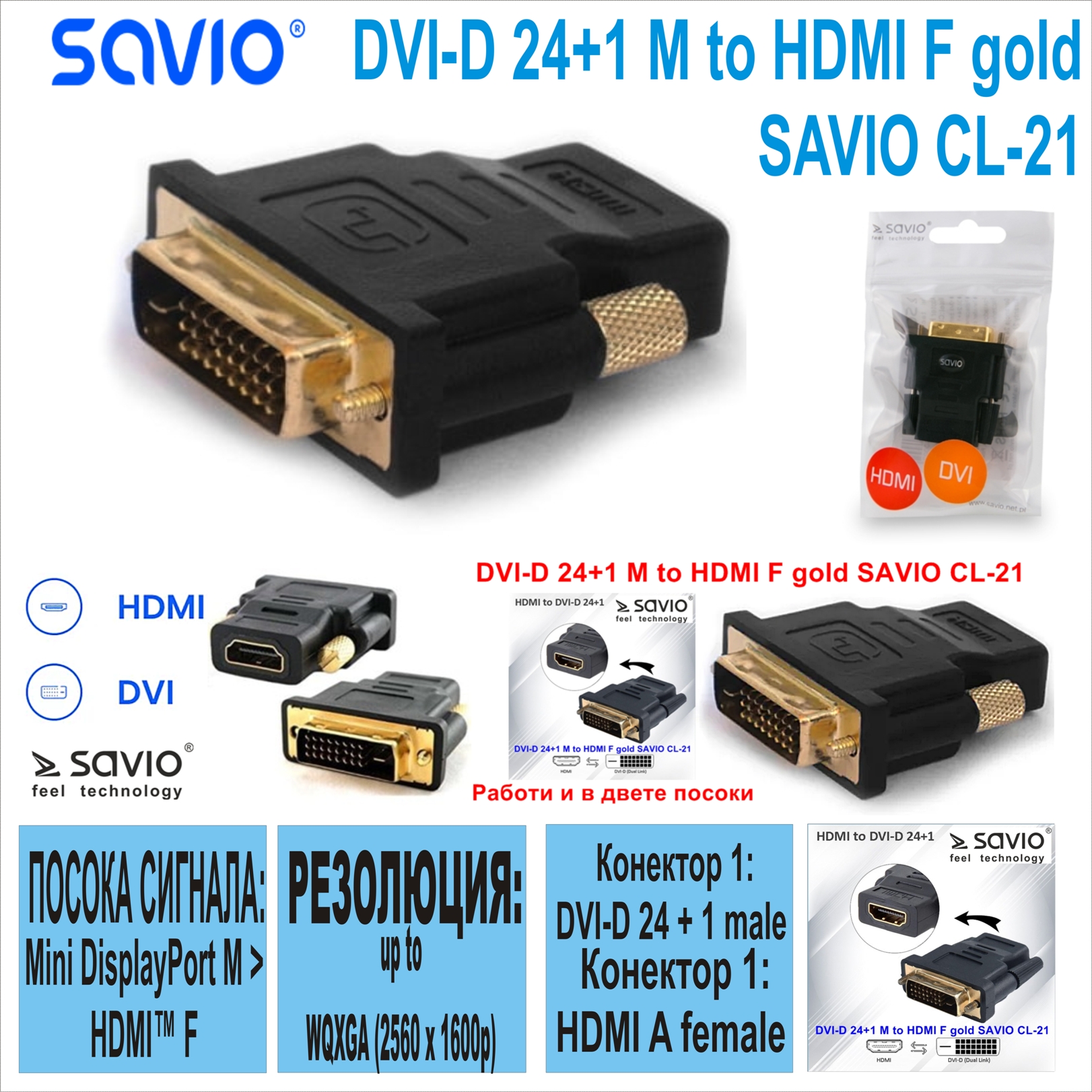 DVI-D 24+1 M to HDMI F gold SAVIO CL-21