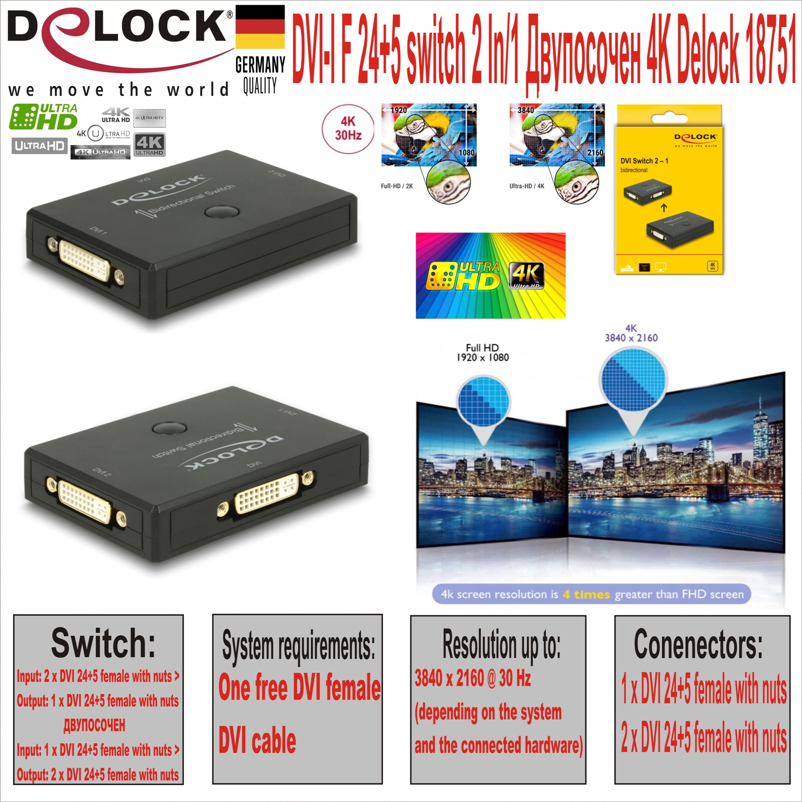 DVI-I F 24+5 switch 2 In/1 Двупосочен 4K Delock