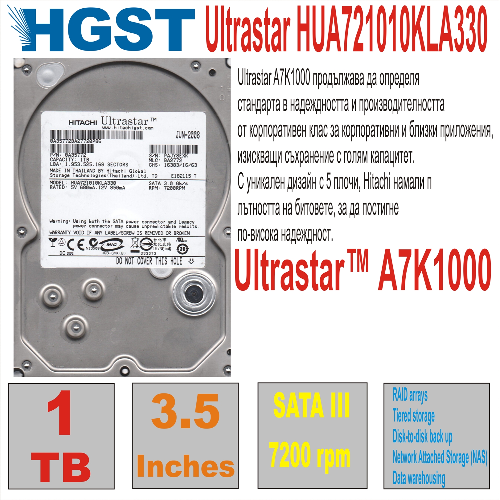 HDD 3.5` 1 TB HITACHI Ultrastar HUA721010KLA330