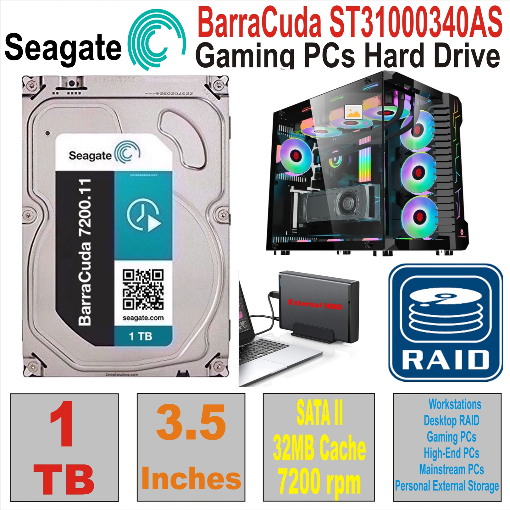 HDD 3.5` 1 TB SEAGATE BarraCuda ST31000340AS