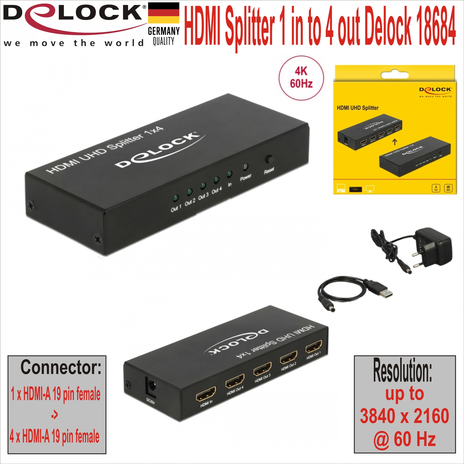 HDMI Splitter 1 in to 4 out Delock 18684