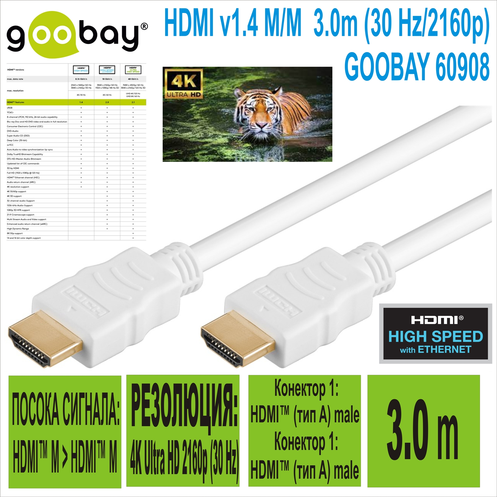 HDMI v1.4 M/M  3.0m (30 Hz/2160p) GOOBAY 60908