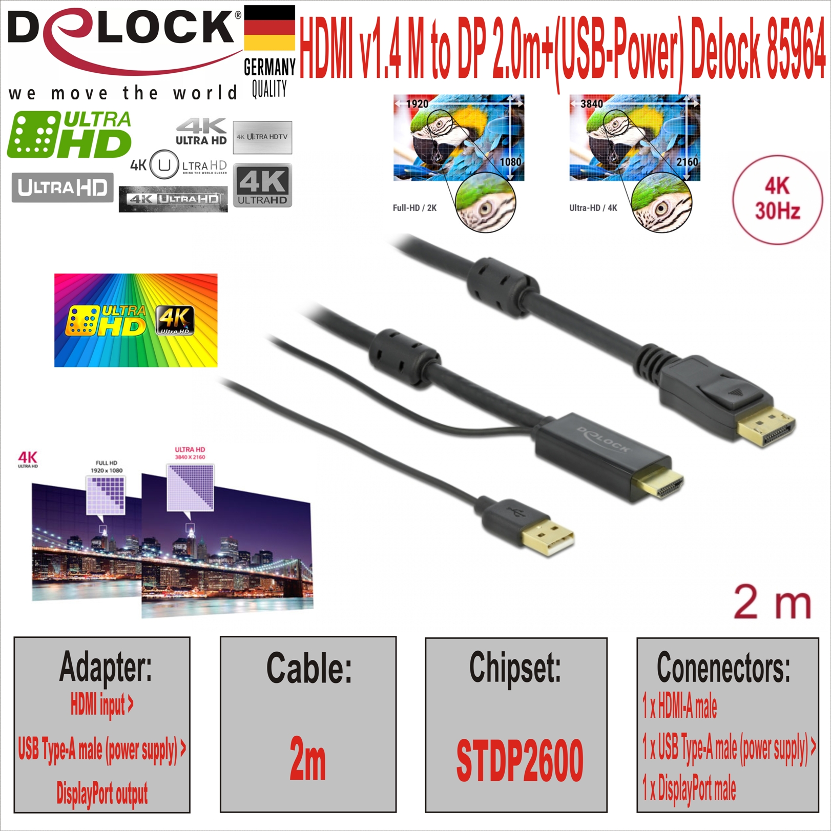 HDMI v1.4 M to DP 2.0m+(USB-Power) Delock 85964