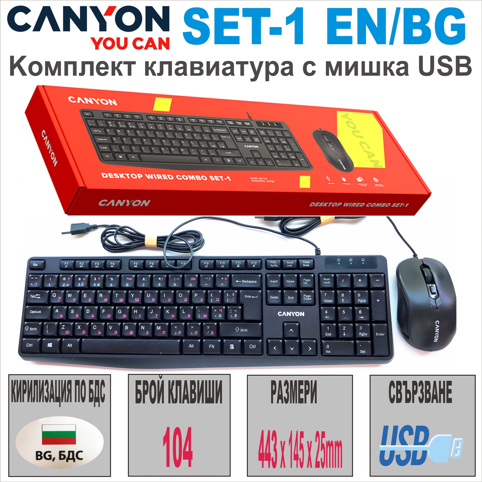 Клавиатура с мишка CANYON SET-1 EN/BG