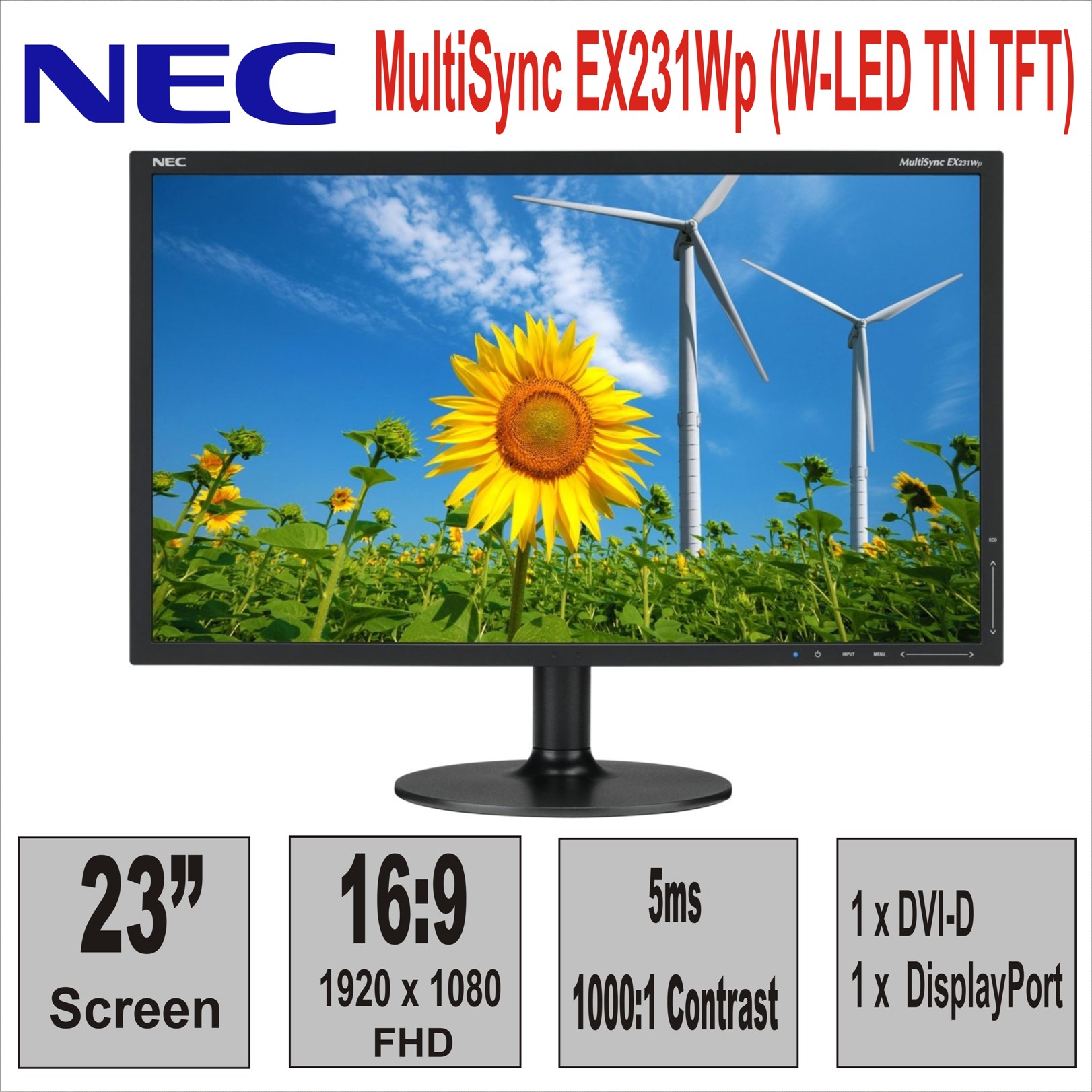 Монитор 23“ NEC MultiSync EX231Wp (W-LED TN TFT)