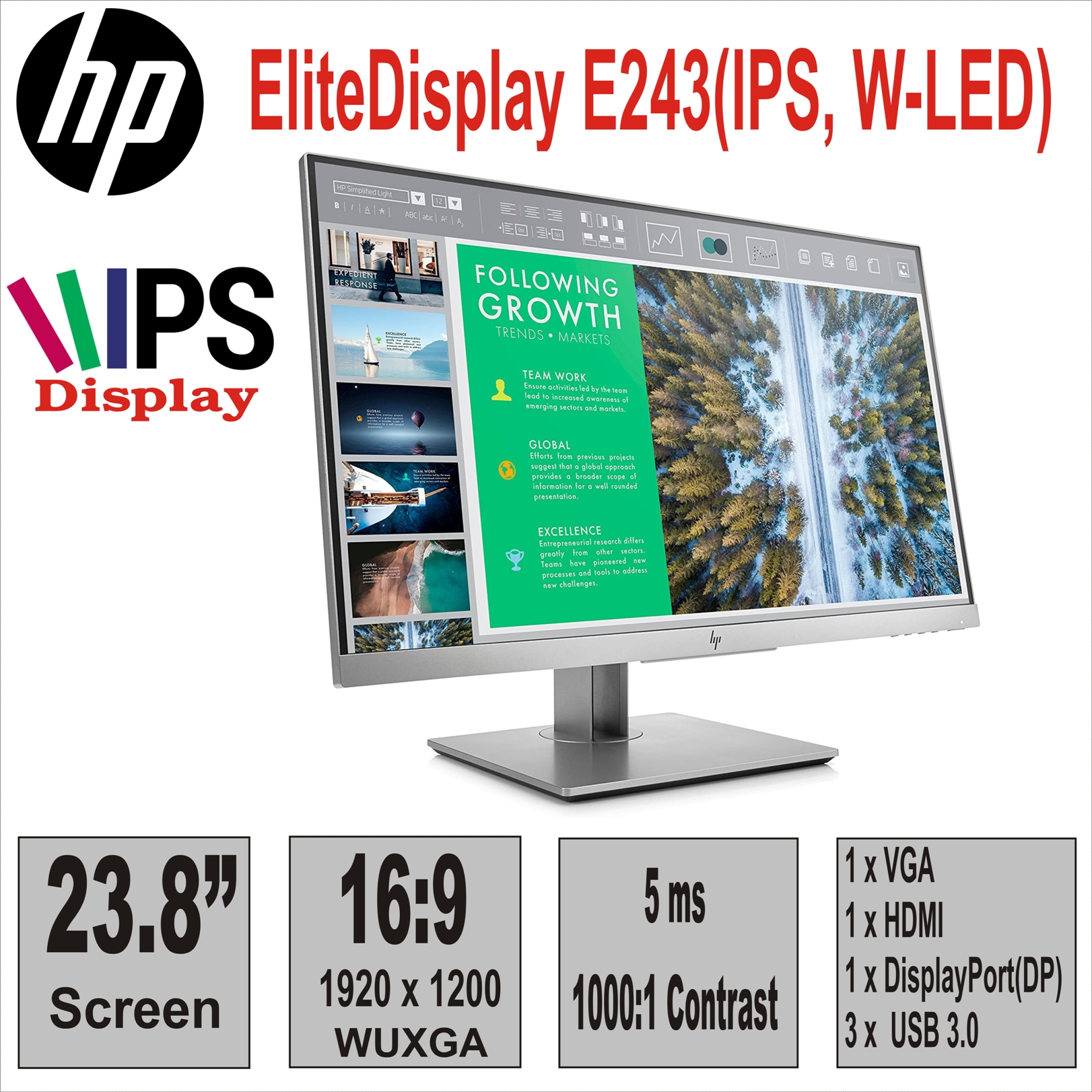 Монитор 24“ HP EliteDisplay E243 (IPS, W-LED)