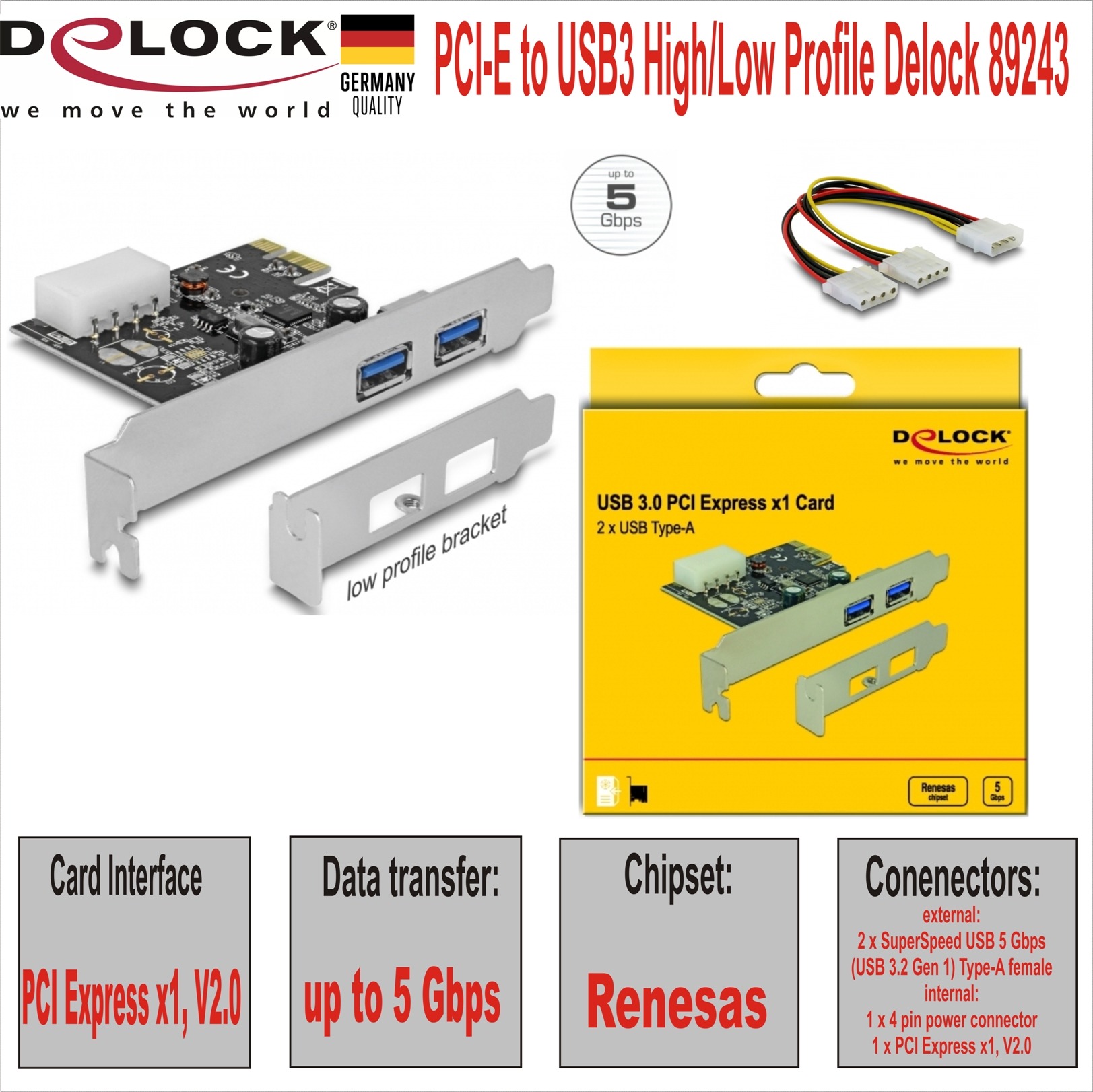 PCI-E to USB3 High/Low Profile Delock 89243