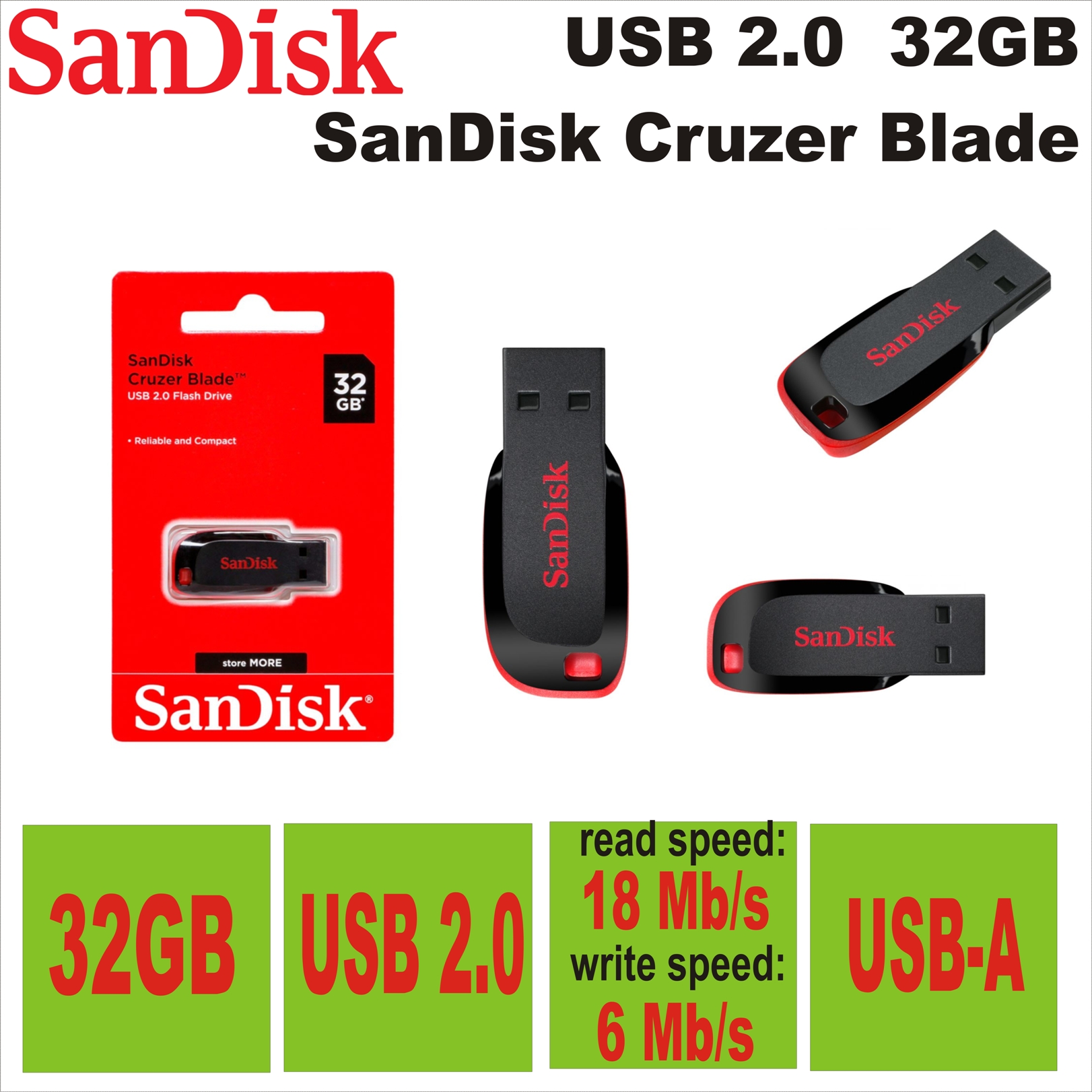 USB 2.0  32GB SanDisk Cruzer Blade