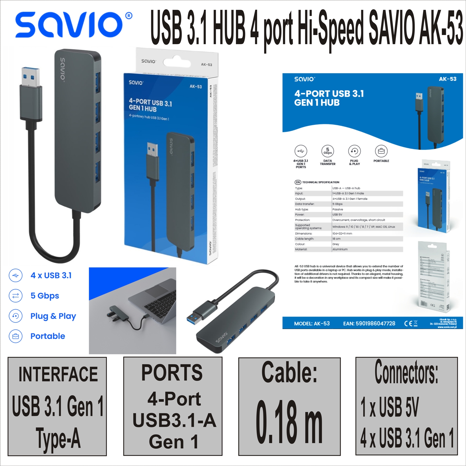 USB 3.1 HUB 4 port Hi-Speed SAVIO AK-53