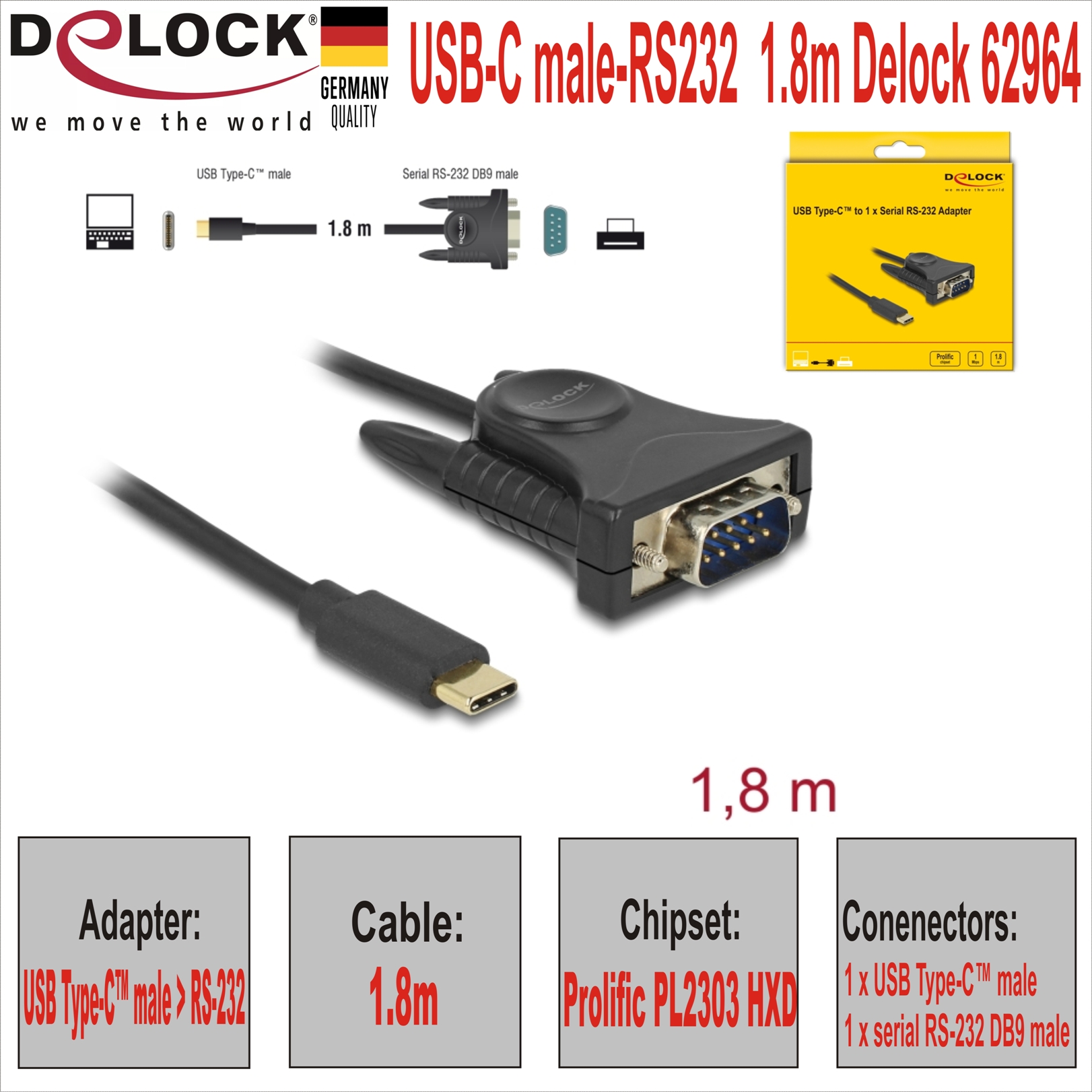 USB-C male-RS232  1.8m Delock 62964