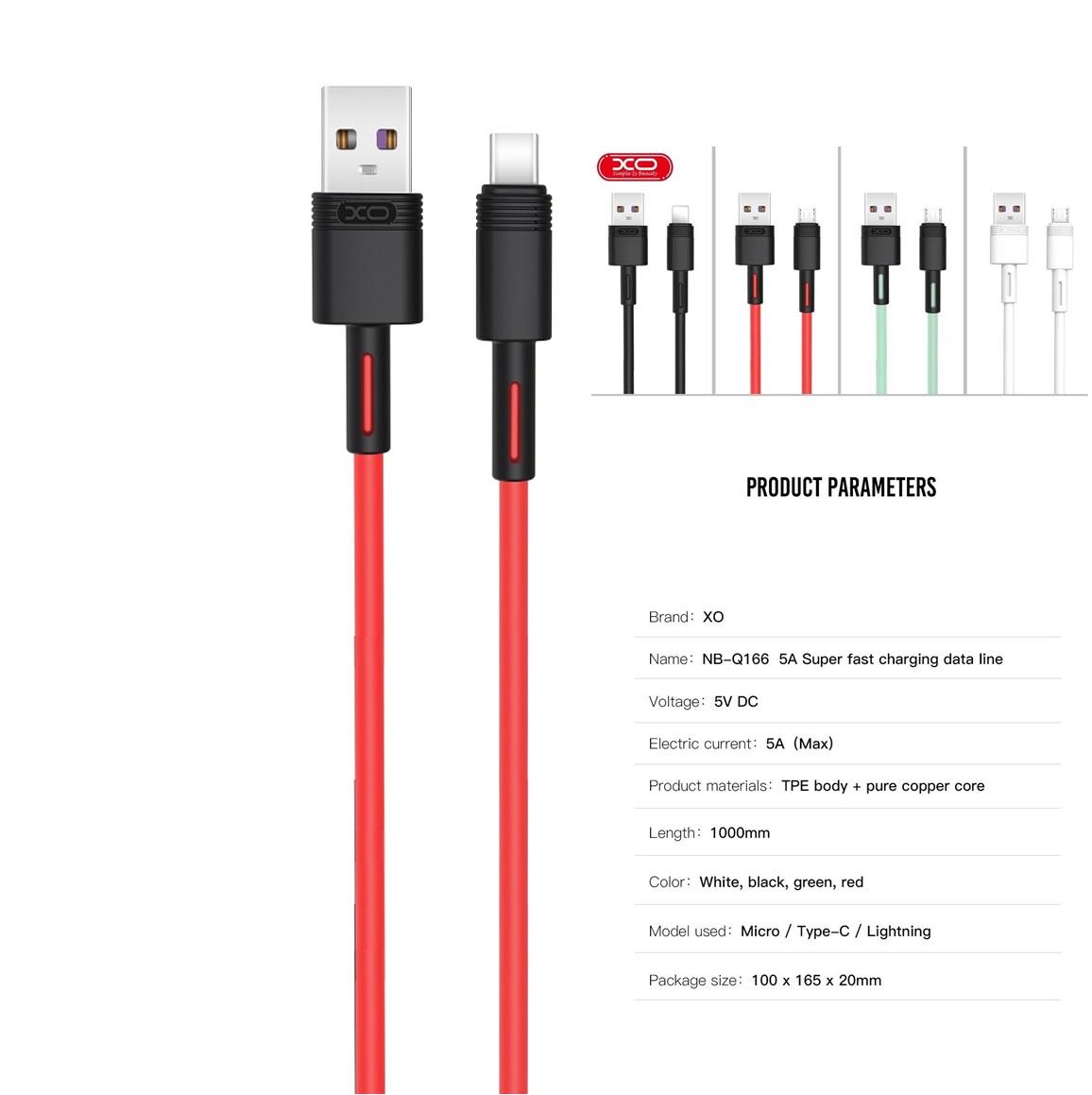 USB male - USB-C male 1.0m/5A XO NB-Q166 Red