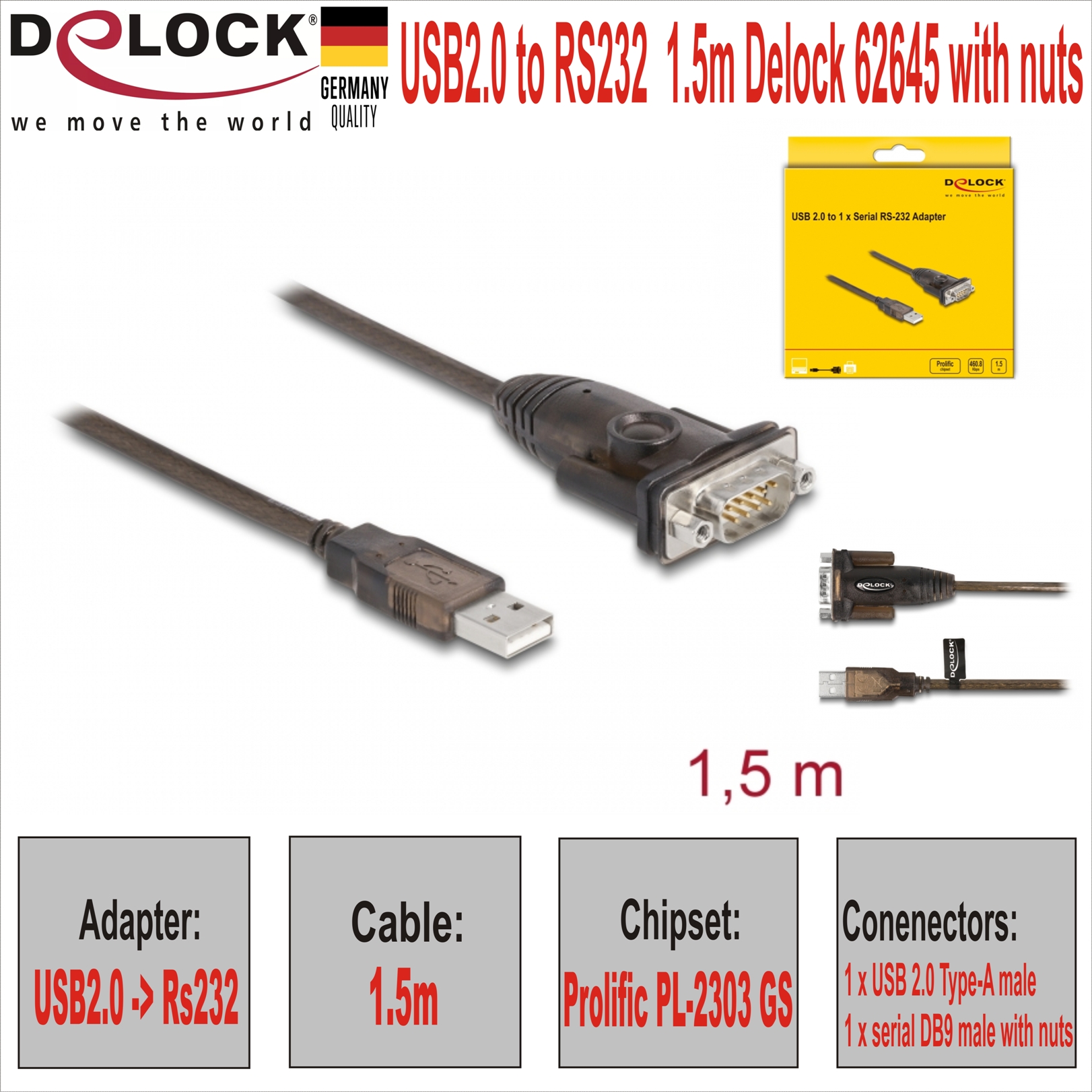 USB2.0 to RS232  1.5m Delock 62645 with nuts