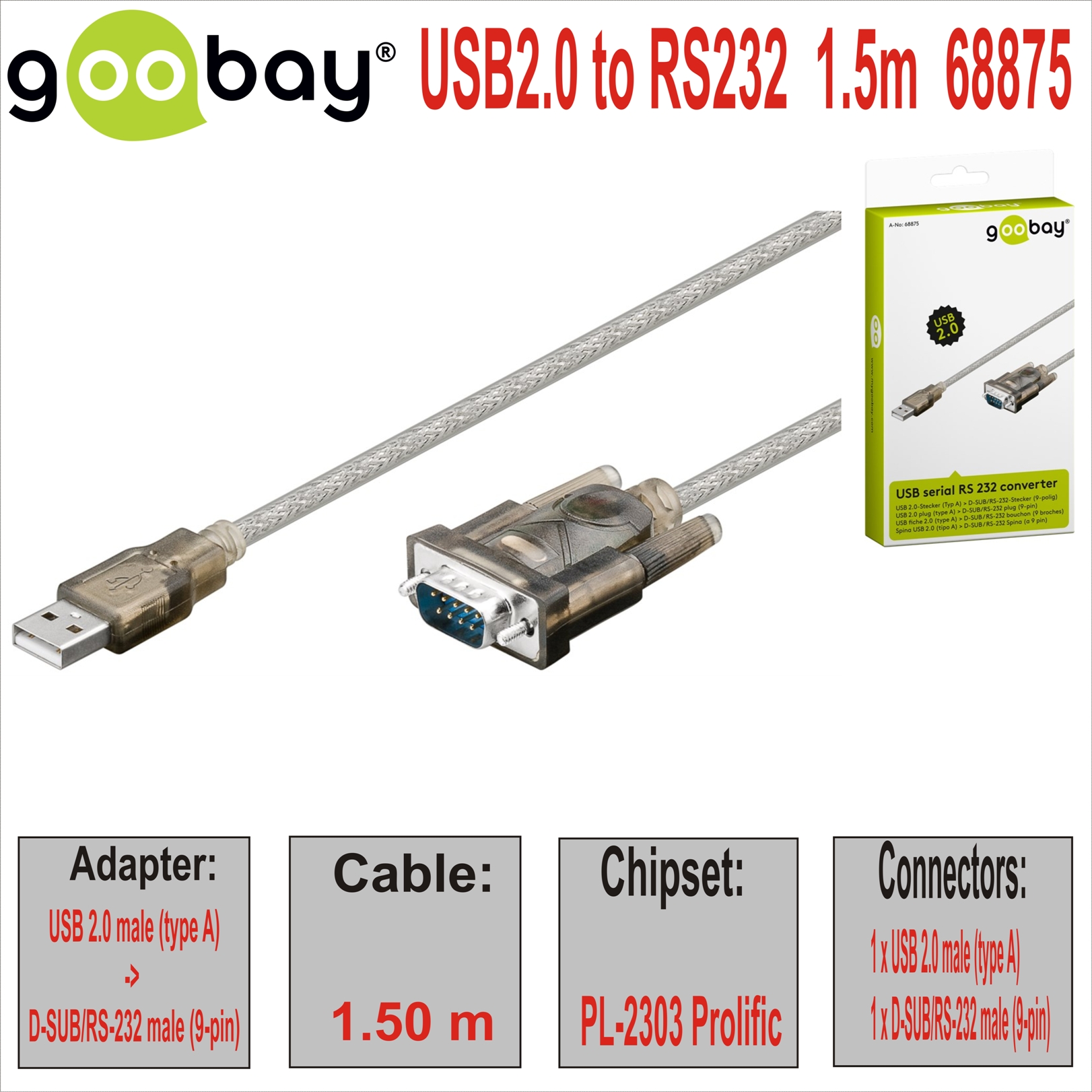 USB2.0 to RS232  1.5m Прозрачен GOOBAY 68875