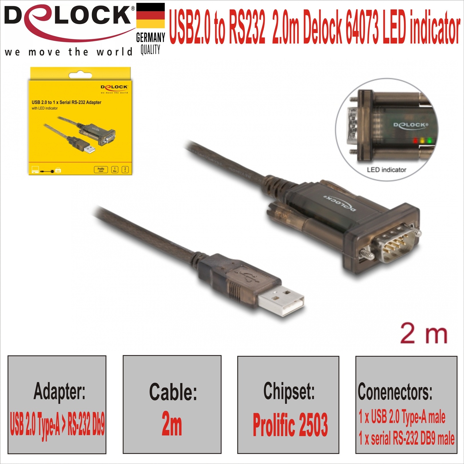 USB2.0 to RS232  2.0m Delock 64073 LED indicator