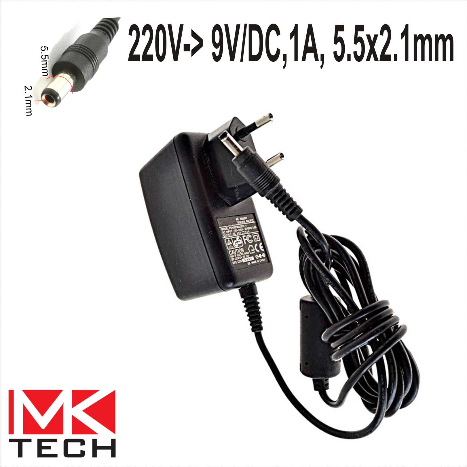 Захранващ адаптер 220V-> 9V/DC,1A, 5.5x2.1mm